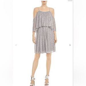 Halston Heritage Layered Plissé Lamé Mini Dress In Silver Sz-8